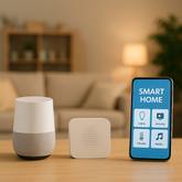 A modern living room featuring smart home essentials, including voice-controlled speakers, smart lighting, and connected devices integrated seamlessly into the space.